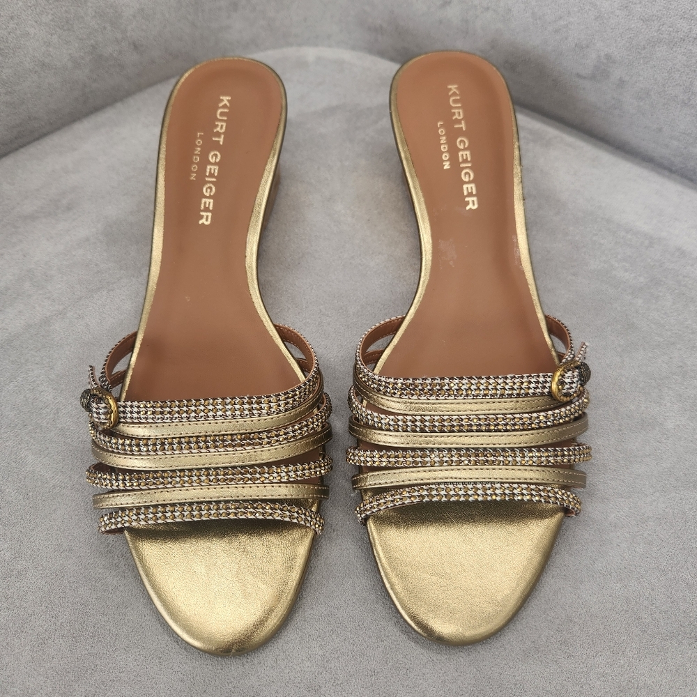 Kurt Geiger Wedge Sandals 5.5 Gold Bronze Pierra Slides Logo Strappy New $145
